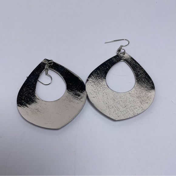 Silver Tone Black Leather Embossed Teardrop Earrings - Picture 5 of 5